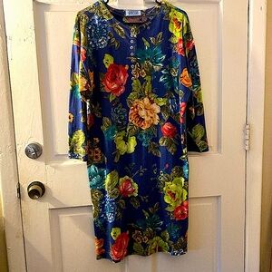 vintage EUC navy/floral Henley-button midi dress 10 QPS brand